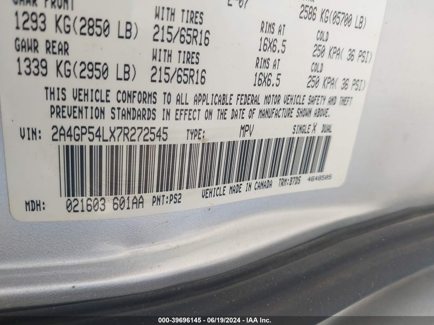 2007 Chrysler Town & Country Touring VIN: 2A4GP54LX7R272545 Lot: 39696145