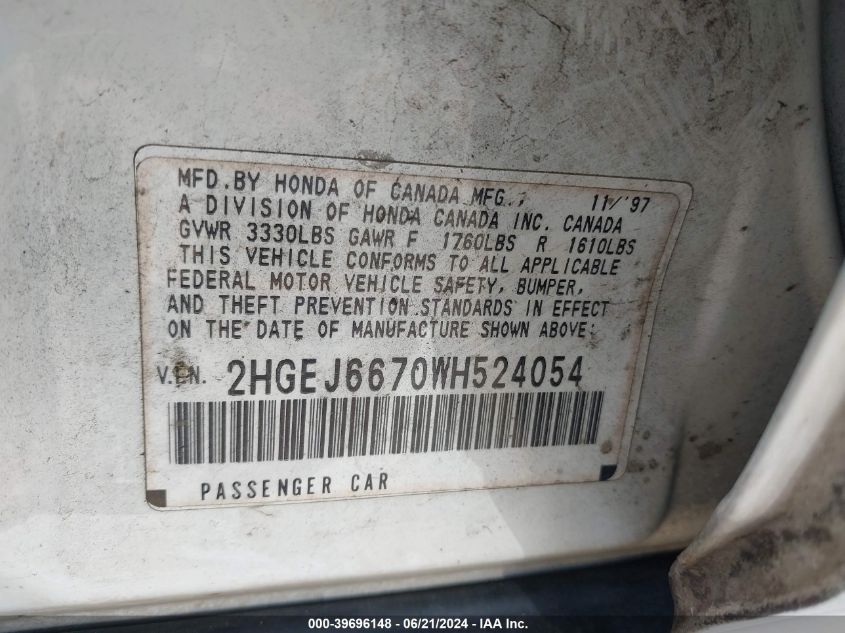 1998 Honda Civic Lx VIN: 2HGEJ6670WH524054 Lot: 39696148
