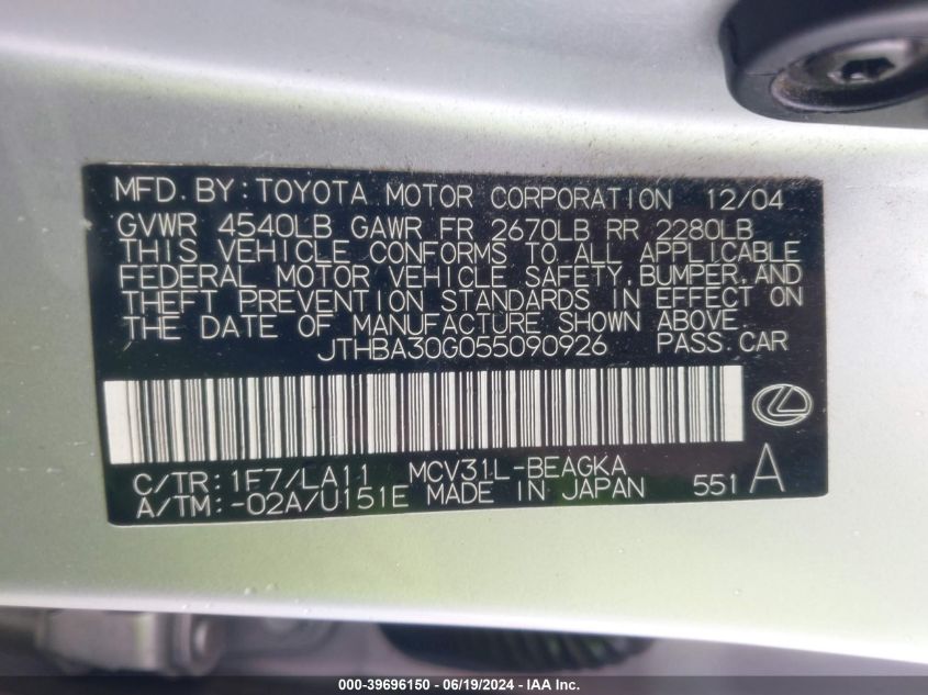 2005 Lexus Es 330 VIN: JTHBA30G055090926 Lot: 39696150