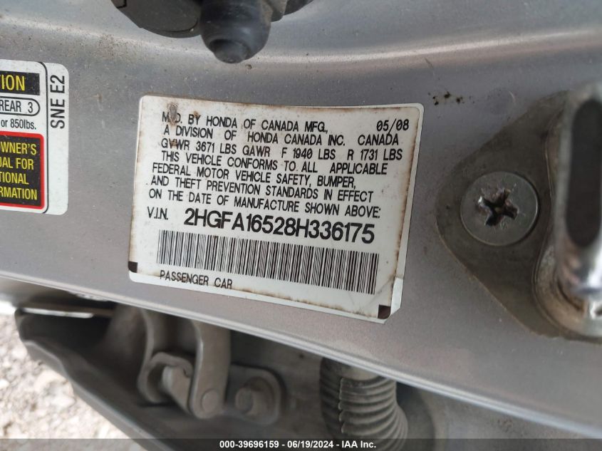 2008 Honda Civic Lx VIN: 2HGFA16528H336175 Lot: 39696159