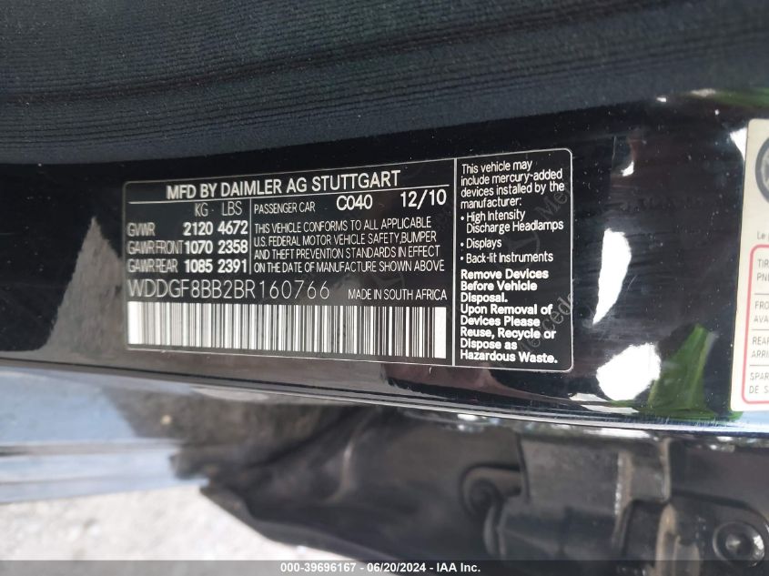 2011 Mercedes-Benz C 300 Luxury 4Matic/Sport 4Matic VIN: WDDGF8BB2BR160766 Lot: 39696167