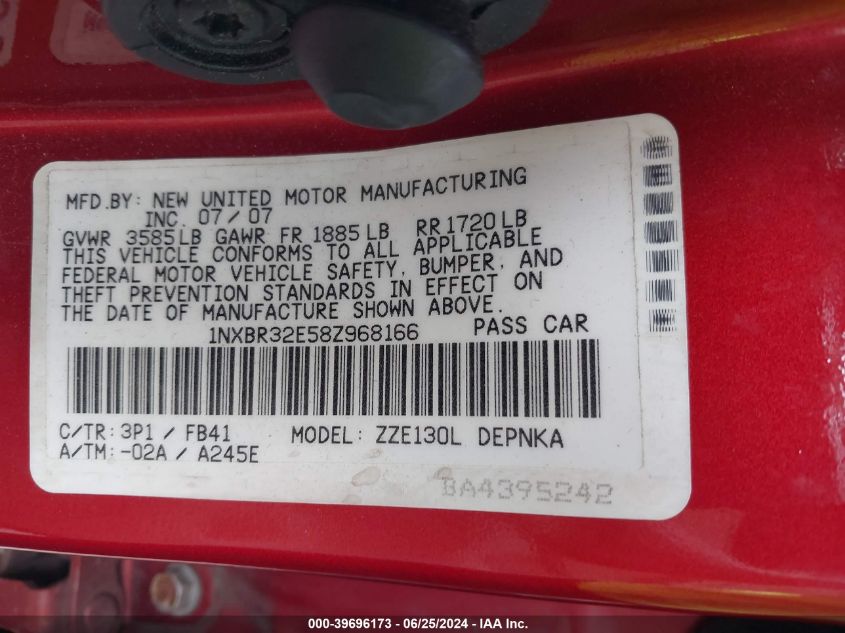 2008 Toyota Corolla Le VIN: 1NXBR32E58Z968166 Lot: 39696173