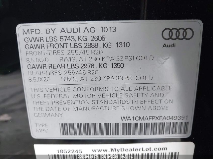 2014 Audi Q5 3.0 Tdi Premium Plus VIN: WA1CMAFPXEA049391 Lot: 39696174