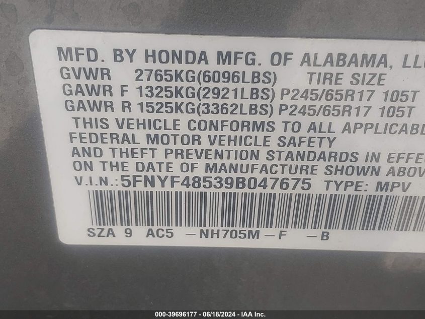 2009 Honda Pilot Ex-L VIN: 5FNYF48539B047675 Lot: 39696177
