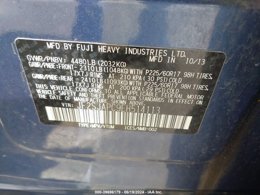 2014 Subaru Forester 2.5I Touring VIN: JF2SJAPC9EH514113 Lot: 39696179