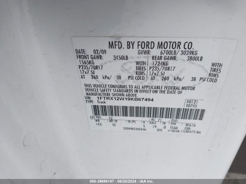 2009 Ford F150 Super Cab VIN: 1FTRX12W19KB67494 Lot: 39696187