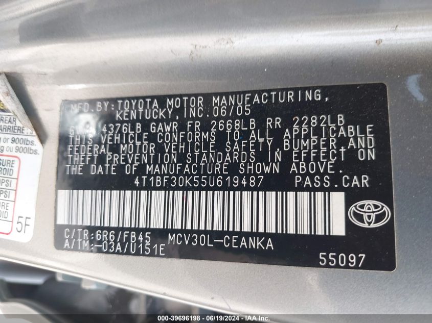 2005 Toyota Camry Le V6 VIN: 4T1BF30K55U619487 Lot: 39696198