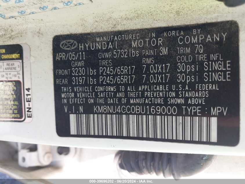 2011 Hyundai Veracruz Gls VIN: KM8NU4CC0BU169000 Lot: 39696202