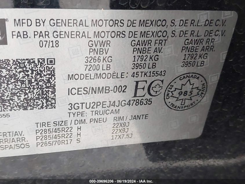 2018 GMC Sierra 1500 K1500 Denali VIN: 3GTU2PEJ4JG478635 Lot: 39696206