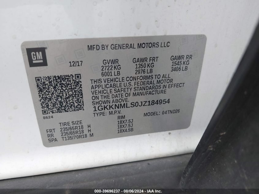 2018 GMC Acadia Slt-1 VIN: 1GKKNMLS0JZ184954 Lot: 39696237