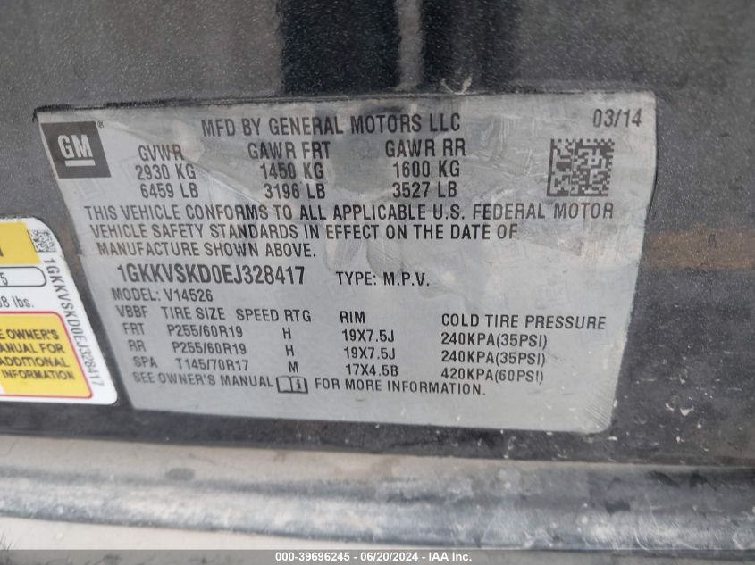 2014 GMC Acadia Slt-2 VIN: 1GKKVSKD0EJ328417 Lot: 39696245