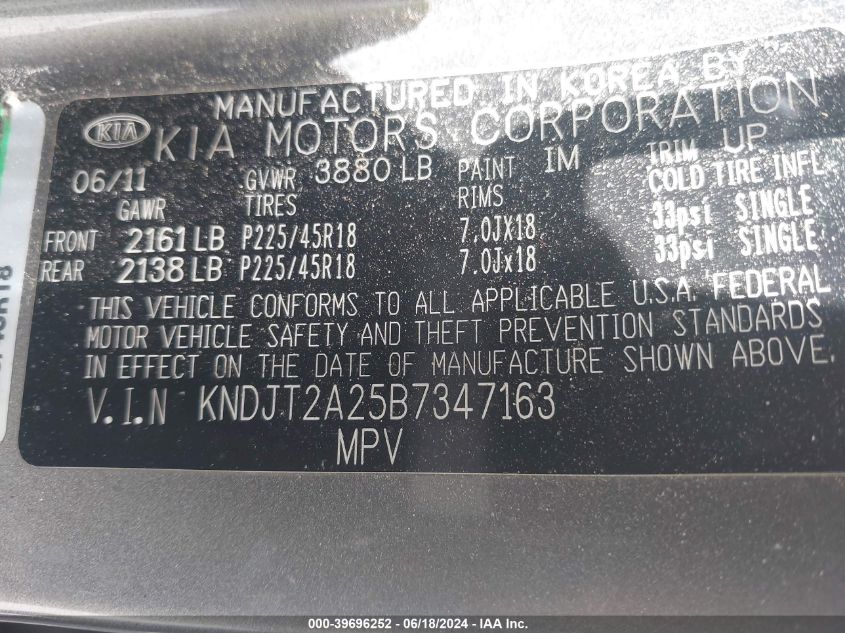 2011 Kia Soul ! VIN: KNDJT2A25B7347163 Lot: 39696252
