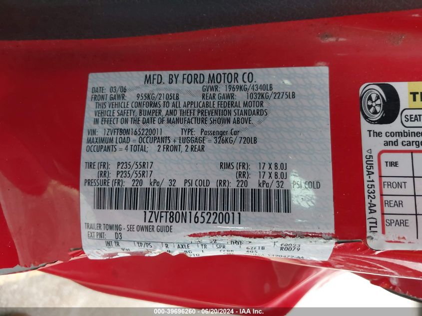 2006 Ford Mustang V6 VIN: 1ZVFT80N165220011 Lot: 39696260