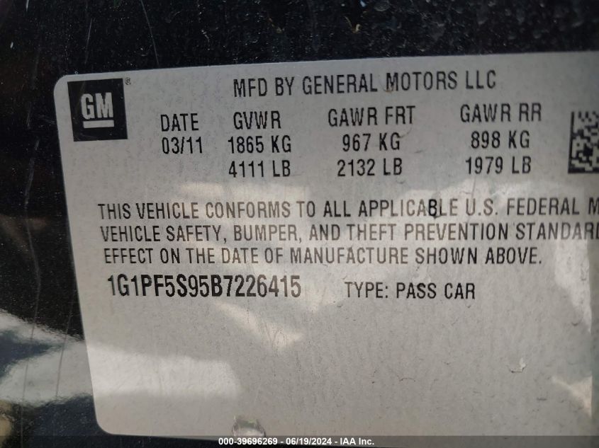 2011 Chevrolet Cruze 1Lt VIN: 1G1PF5S95B7226415 Lot: 39696269