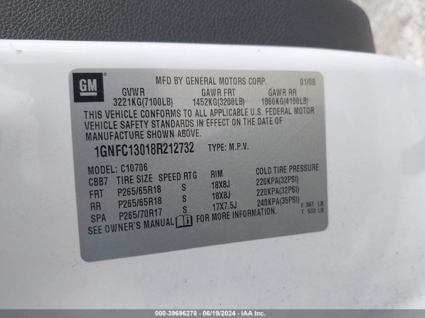 2008 Chevrolet Tahoe Lt VIN: 1GNFC13018R212732 Lot: 39696278