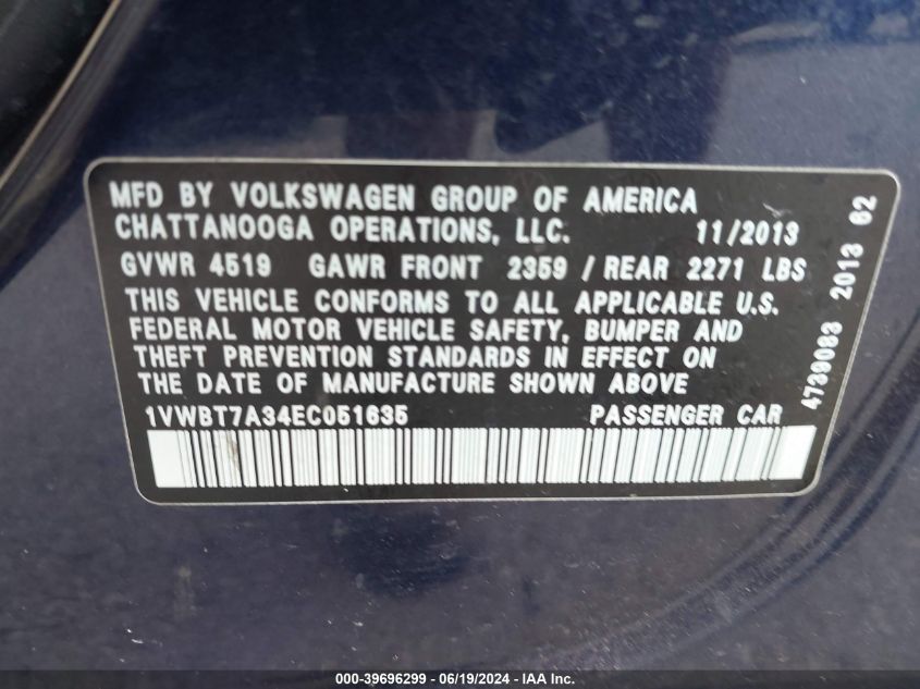 2014 Volkswagen Passat 1.8T Se VIN: 1VWBT7A34EC051635 Lot: 39696299