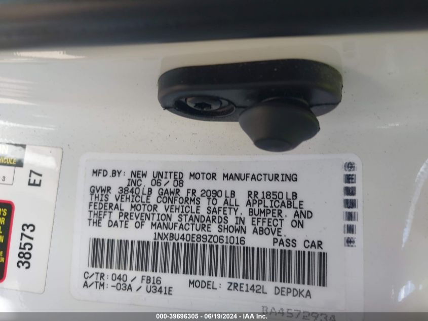 2009 Toyota Corolla Le VIN: 1NXBU40E89Z061016 Lot: 39696305