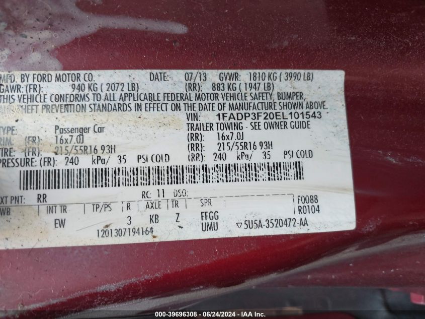 2014 Ford Focus Se VIN: 1FADP3F20EL101543 Lot: 39696308