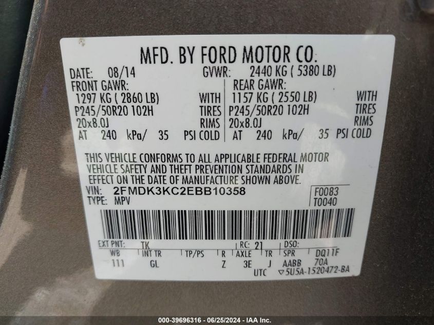 2FMDK3KC2EBB10358 2014 Ford Edge Limited