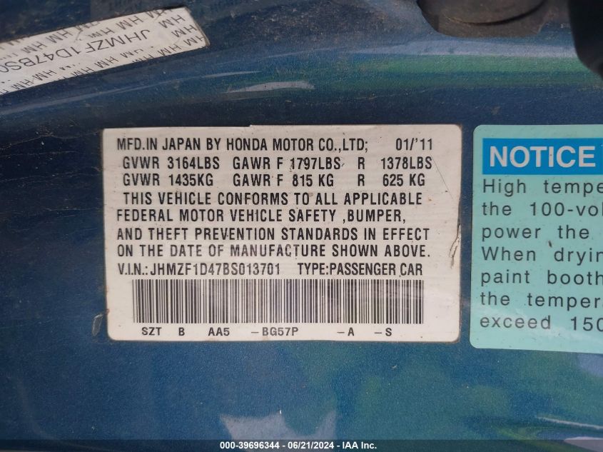 2011 Honda Cr-Z VIN: JHMZF1D47BS013701 Lot: 39696344