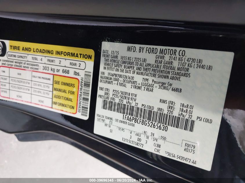 2016 Ford Mustang Gt VIN: 1FA6P8CF8G5265630 Lot: 39696345