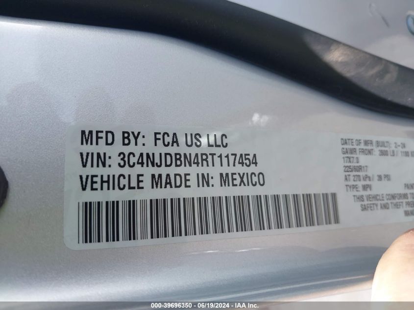 2024 Jeep Compass Latitude 4X4 VIN: 3C4NJDBN4RT117454 Lot: 39696350