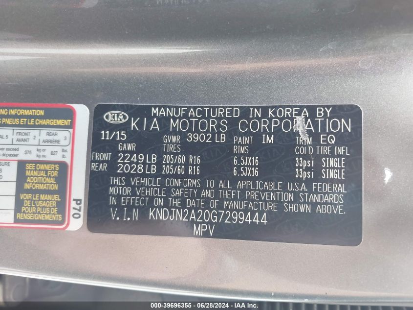 2016 Kia Soul VIN: KNDJN2A20G7299444 Lot: 39696355