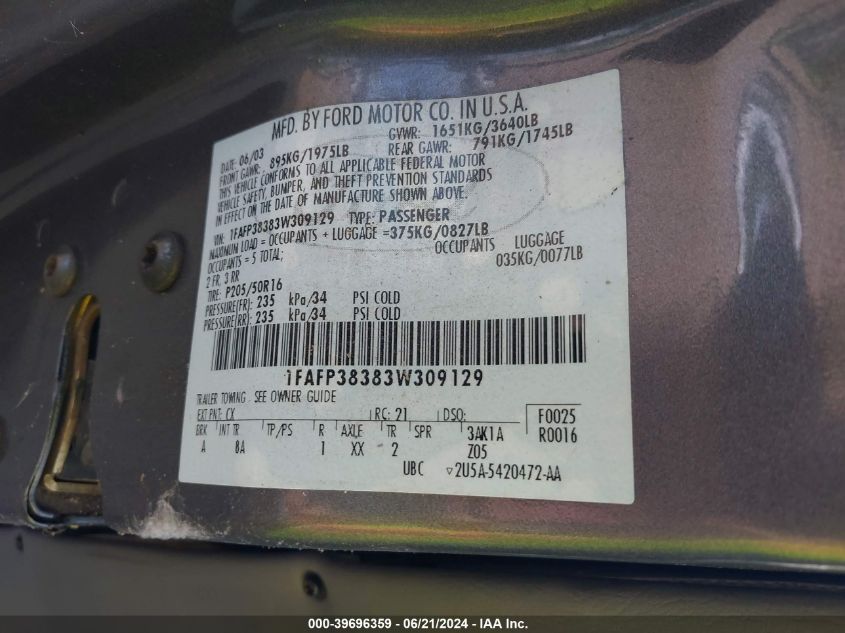 2003 Ford Focus Zts VIN: 1FAFP38383W309129 Lot: 39696359