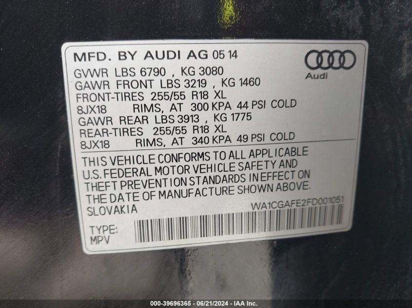 2015 Audi Q7 3.0T Premium VIN: WA1CGAFE2FD001051 Lot: 39696365