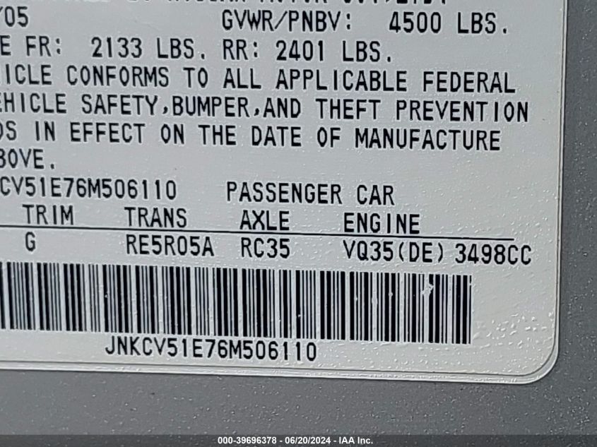 2006 Infiniti G35 VIN: JNKCV51E76M506110 Lot: 39696378