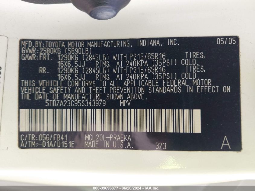 2005 Toyota Sienna Le VIN: 5TDZA23C95S343979 Lot: 39696377