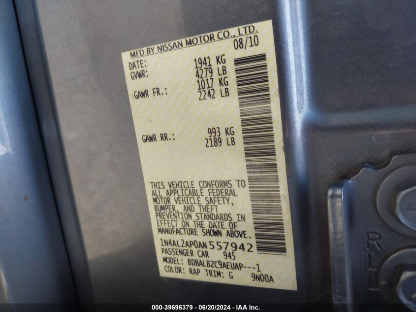 2010 Nissan Altima 2.5 S VIN: 1N4AL2AP0AN557942 Lot: 39696379