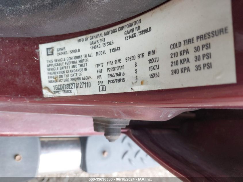 2007 Chevrolet Colorado Lt VIN: 1GCDT13E278127110 Lot: 39696380