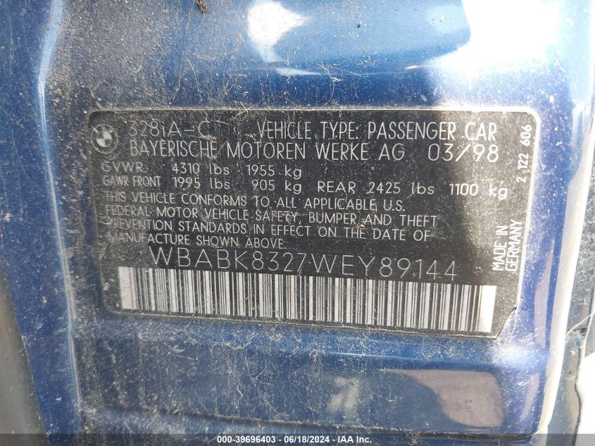1998 BMW 328Ic VIN: WBABK8327WEY89144 Lot: 39696403