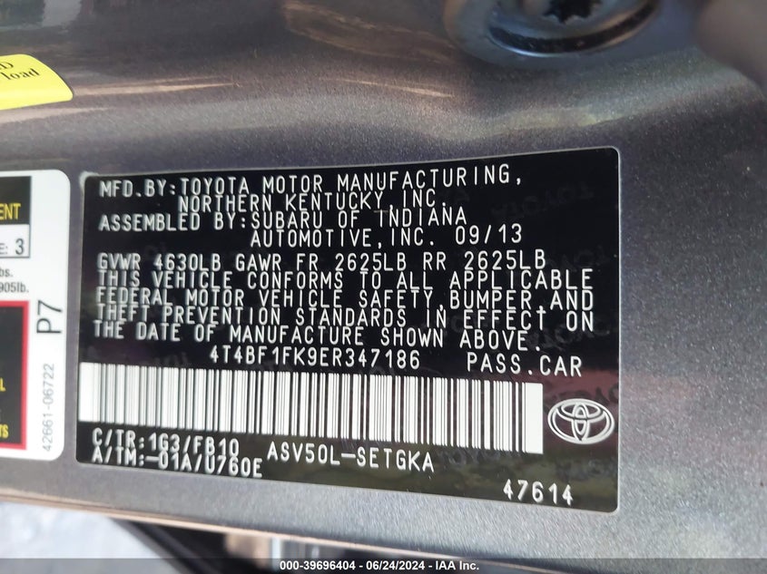 2014 Toyota Camry Xle VIN: 4T4BF1FK9ER347186 Lot: 39696404