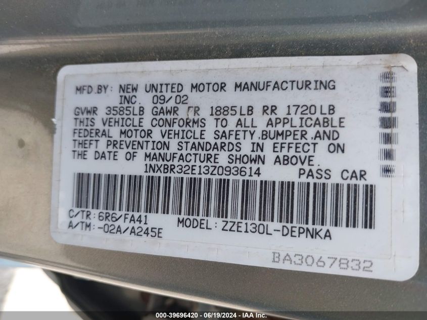 2003 Toyota Corolla Le VIN: 1NXBR32E13Z093614 Lot: 39696420