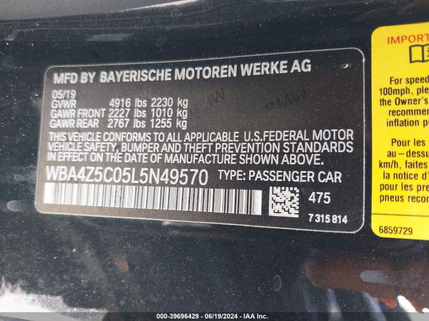 2020 BMW 440I VIN: WBA4Z5C05L5N49570 Lot: 39696429