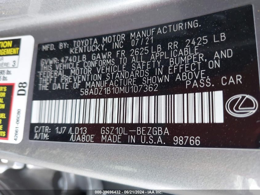 2021 Lexus Es 350 Base/350 Luxury/350 Ultra Luxury/350 F-Sport VIN: 58ADZ1B10MU107362 Lot: 39696432