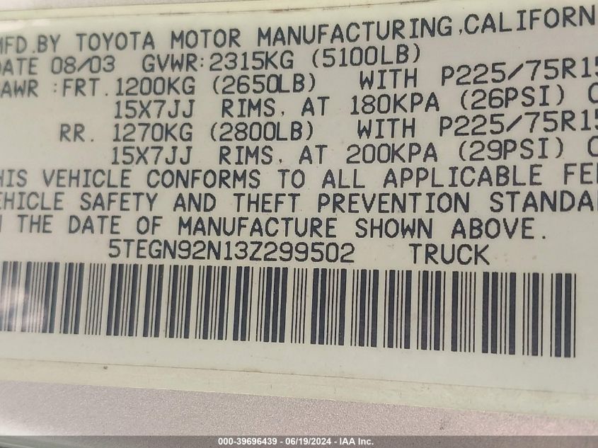 2003 Toyota Tacoma Prerunner V6 VIN: 5TEGN92N13Z299502 Lot: 39696439