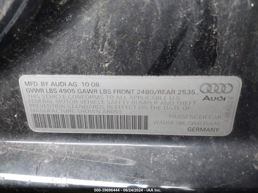 2009 Audi A4 2.0T Premium VIN: WAUSF78K79N035640 Lot: 39696444