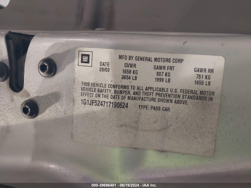 2001 Chevrolet Cavalier Ls VIN: 1G1JF524717190624 Lot: 39696481