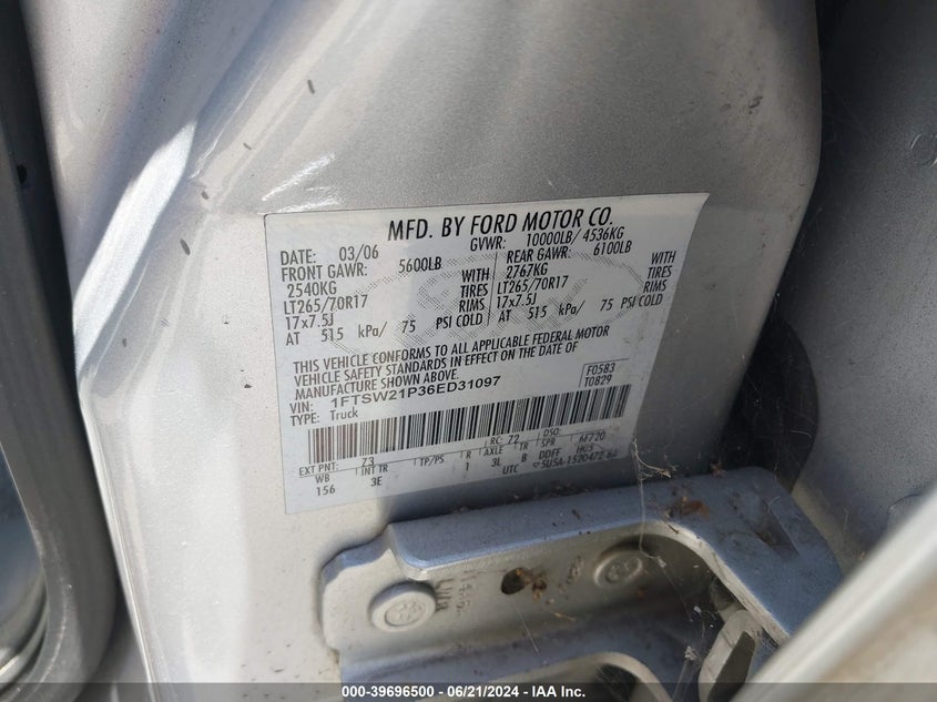 2006 Ford F-250 Super Duty VIN: 1FTSW21P36ED31097 Lot: 39696500