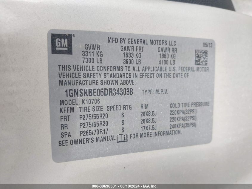 2013 Chevrolet Tahoe Lt VIN: 1GNSKBE06DR343038 Lot: 39696501