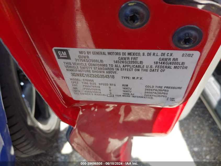 2002 Chevrolet Suburban Ls VIN: 3GNEC16Z32G354318 Lot: 39696505