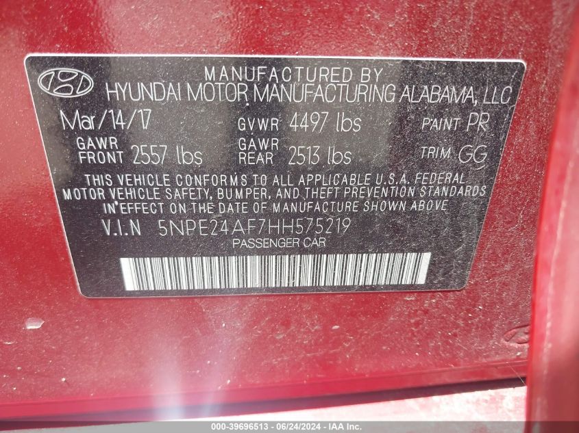 2017 Hyundai Sonata VIN: 5NPE24AF7HH575219 Lot: 39696513