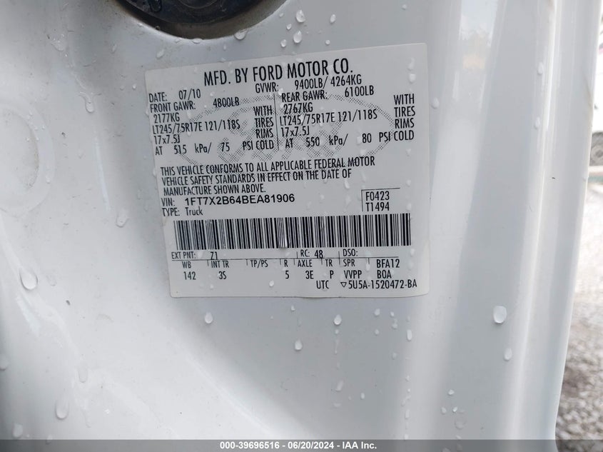 2011 Ford F-250 Xlt VIN: 1FT7X2B64BEA81906 Lot: 39696516