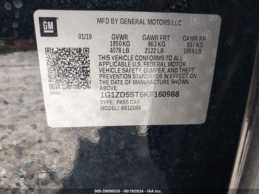2019 Chevrolet Malibu Lt VIN: 1G1ZD5ST6KF160988 Lot: 39696530