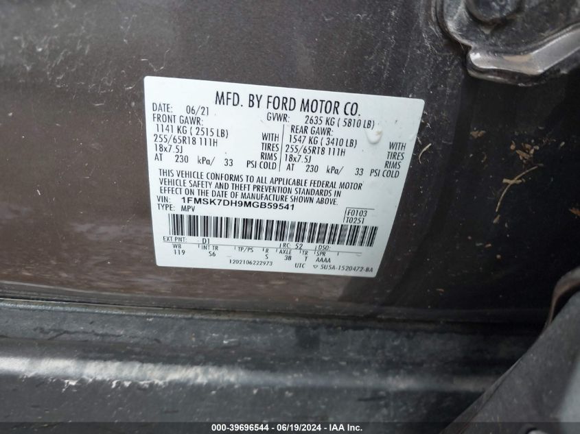 2021 Ford Explorer Xlt VIN: 1FMSK7DH9MGB59541 Lot: 39696544