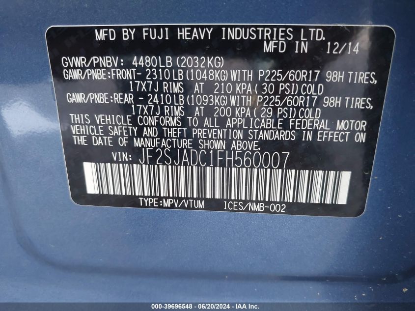 2015 Subaru Forester 2.5I Premium VIN: JF2SJADC1FH560007 Lot: 39696548