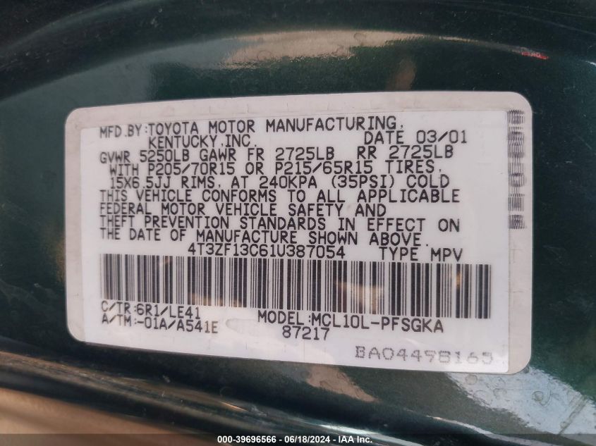 2001 Toyota Sienna Xle VIN: 4T3ZF13C61U387054 Lot: 39696566